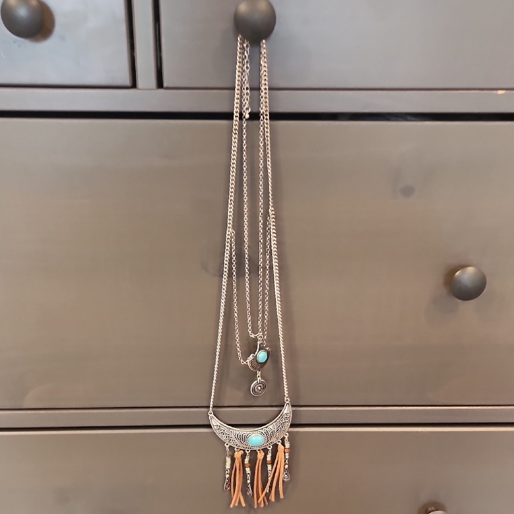 Maurices Blue and Silver Layered Necklace with Tassel Accents